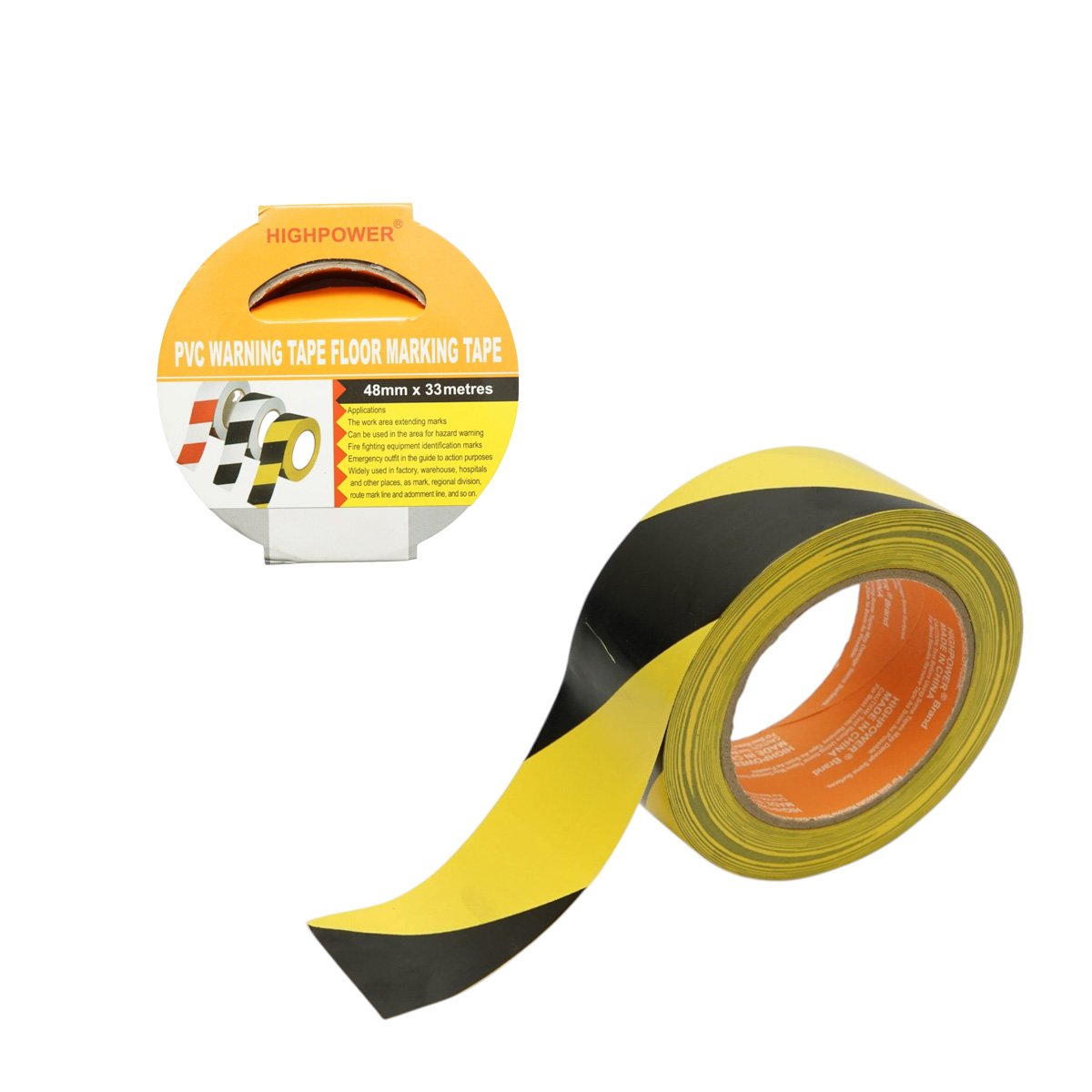 Banda adeziva de avertizare si marcare podea PVC galben-negru 48mm x 33m HighPower AAA158
