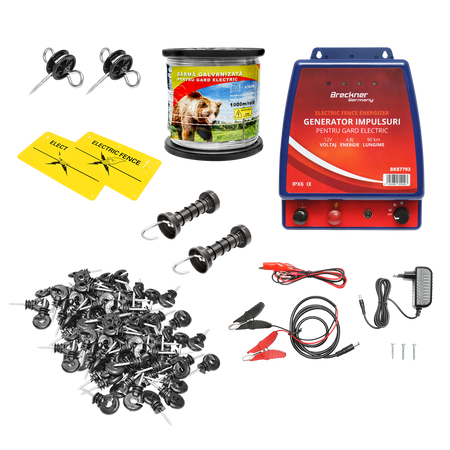 Kit complet gard electric 12/220V, 4.8 Joule lungime fir 1000m, 100 izolatori si placute avertizare Breckner Germany