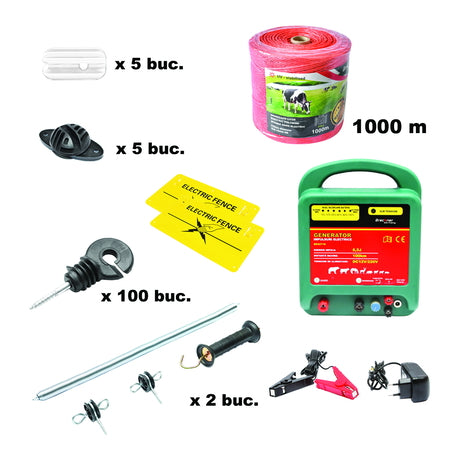 Kit complet gard electric 12/220V, 6.5 Joule, lungime fir 1000m, 100 izolatori, maner, poarta si 2 placute avertizare Breckner Germany