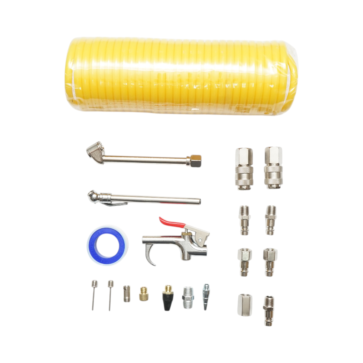 Set 20 accesorii compresor aer cu furtun spiralat, pistol suflare, conectori, duze si cuple rapide universale