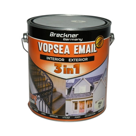 Vopsea email alb 013 anticoroziva 3 in 1 pe baza de solvent, direct pe rugina, interior si exterior, 3.5L Breckner Germany