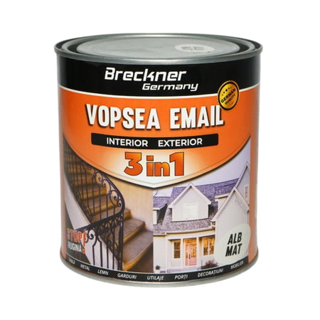 Vopsea email anticoroziva 3 in 1 pe baza de solvent, direct pe rugina, interior si exterior, alb mat 1L Breckner Germany