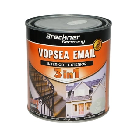 Vopsea email gri 7001 anticoroziva 3 in 1 pe baza de solvent, direct pe rugina, interior si exterior, 1L Breckner Germany