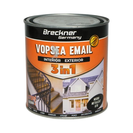 Vopsea email negru metalizat 676 anticoroziva 3 in 1 pe baza de solvent, direct pe rugina, interior si exterior, 1L Breckner Germany
