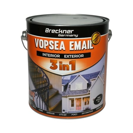 Vopsea email negru metalizat 676anticoroziva 3 in 1 pe baza de solvent, direct pe rugina, interior si exterior, 3.5L Breckner Germany