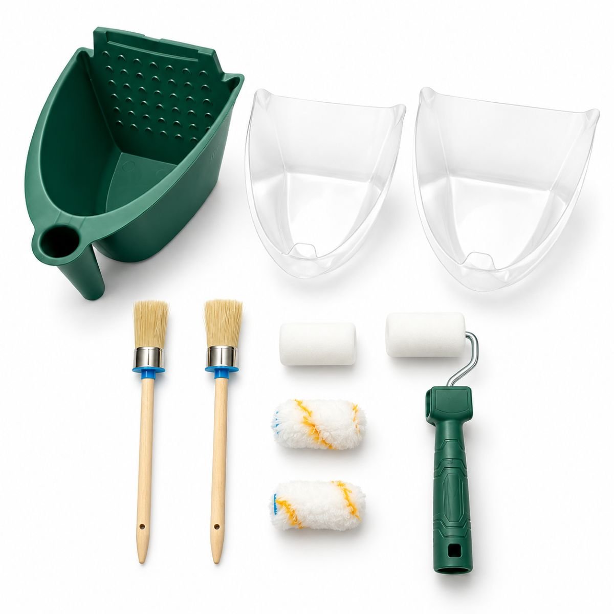 Set vopsit cu mini trafalet 55mm 2 role burete 2 role poliester 2 pensule rotunde recipient vopsea 10 piese Breckner Germany BK00377