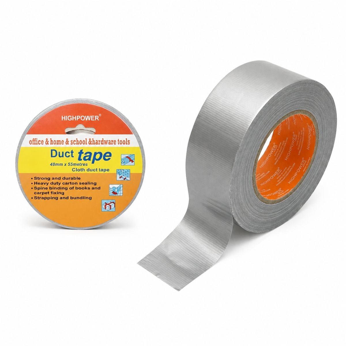 Banda adeziva textila Duct Tape argintie 48mm x 55m pentru reparatii HighPower AAA165