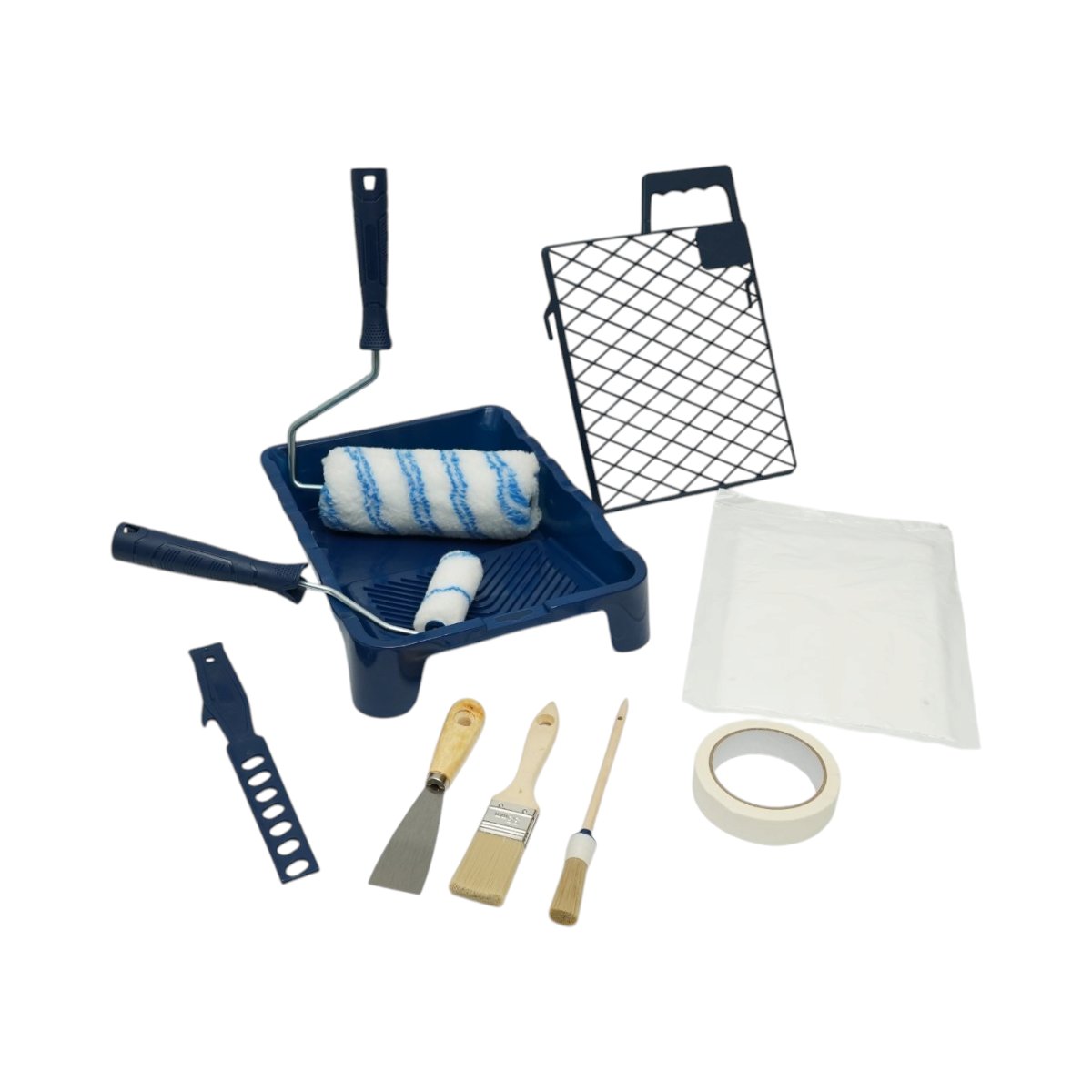 Set vopsit si zugravit cu trafaleti poliester 10cm 18cm 2 pensule spaclu mixer tavita vopsea gratar folie protectie banda mascare 15 piese Breckner Germany BK00375