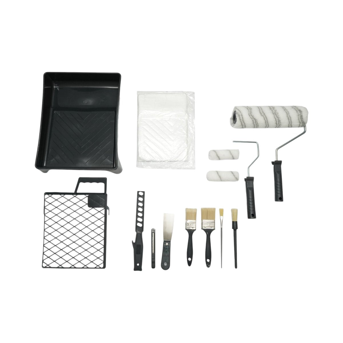 Set vopsit si zugravit cu trafaleti poliester 10cm 25cm 4 pensule spaclu mixer tavita vopsea gratar folie protectie cutter 15 piese Breckner Germany BK00376