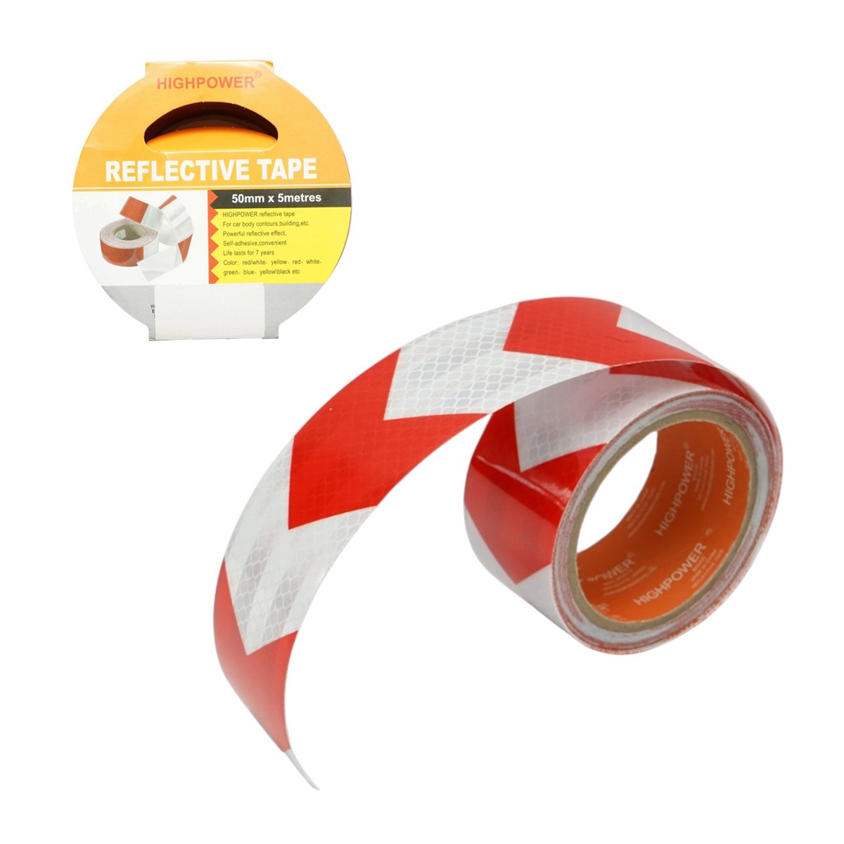 Banda reflectorizanta rosu-alb cu sageata autoadeziva 50mm x 5m HighPower AAA171