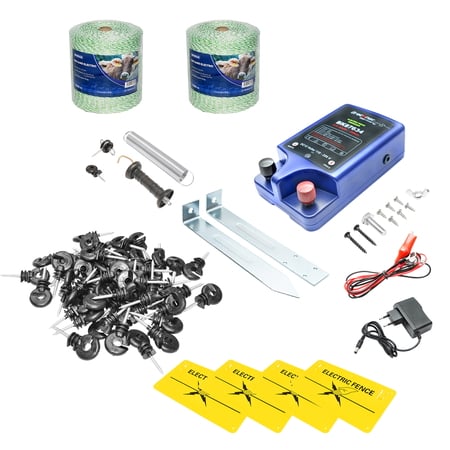 Kit complet gard electric 9/12V, 0,7 Joule, lungime fir 500m, 100 izolatori, manere poarta, placuta avertizare si baterie uscata (nereincarcabila) 9V/90Ah Breckner Germany