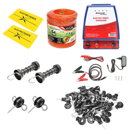 Kit complet gard electric 12/220V, 4.8 Joule lungime fir 1000m, 100 izolatori si placute avertizare Breckner Germany