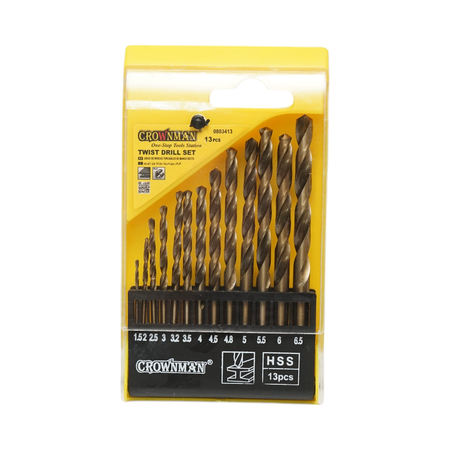 Set 13 burghie elicoidale HSS 1.5-6.5mm DIN 338 cu tija cilindrica pentru metal Crownman