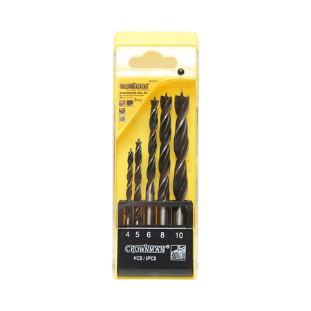 Set 5 burghie elicoidale HCS 4-10mm cu tija cilindrica pentru lemn Crownman