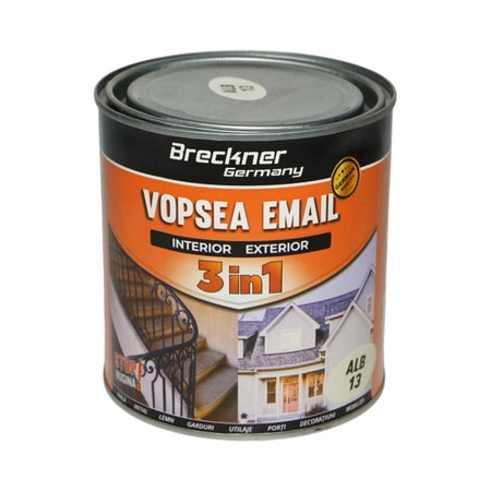 Vopsea email alb 013 anticoroziva 3 in 1 pe baza de solvent, direct pe rugina, interior si exterior, 1L Breckner Germany