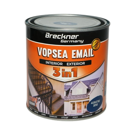 Vopsea email albastru 5010 anticoroziva 3 in 1 pe baza de solvent, direct pe rugina, interior si exterior, 1L Breckner Germany