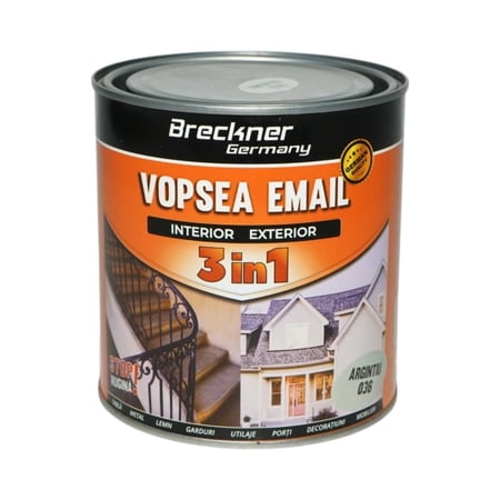Vopsea email anticoroziva 3 in 1 pe baza de solvent, direct pe rugina, interior si exterior, argintiu 036 1L Breckner Germany