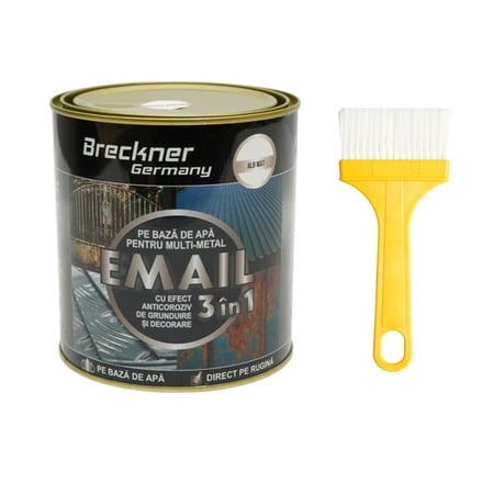Vopsea email anticoroziva 3 in 1 pentru metal, direct pe rugina, pe baza de apa, alb mat 750g Breckner Germany