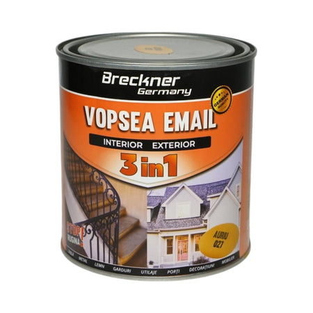 Vopsea email auriu 027 anticoroziva 3 in 1 pe baza de solvent, direct pe rugina, interior si exterior, 1L Breckner Germany