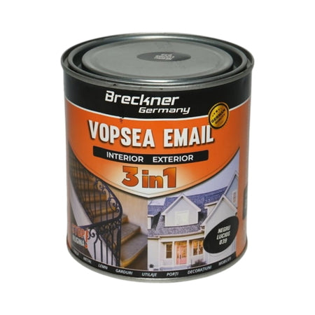 Vopsea email negru lucios 039 anticoroziva 3 in 1 pe baza de solvent, direct pe rugina, interior si exterior, 1L Breckner Germany