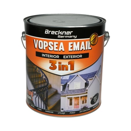 Vopsea email negru lucios 039 anticoroziva 3 in 1 pe baza de solvent, direct pe rugina, interior si exterior, 3.5L Breckner Germany