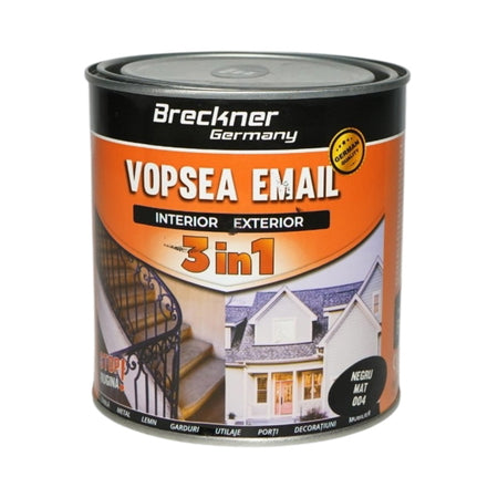 Vopsea email negru mat 004 anticoroziva 3 in 1 pe baza de solvent, direct pe rugina, interior si exterior, 1L Breckner Germany