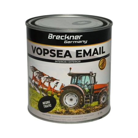 Vopsea email negru trafic anticoroziva 3 in 1 pe baza de solvent, direct pe rugina, interior si exterior, 1K 1L Breckner Germany