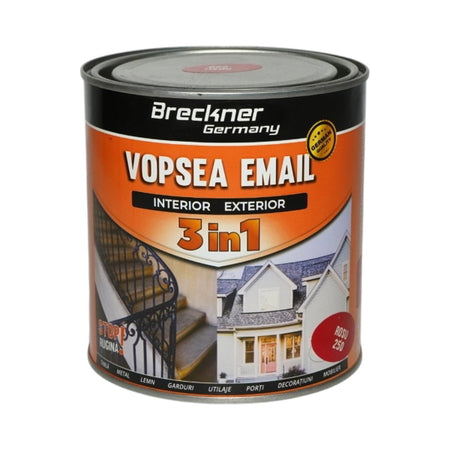 Vopsea email rosu 250 anticoroziva 3 in 1 pe baza de solvent, direct pe rugina, interior si exterior, 1L Breckner Germany