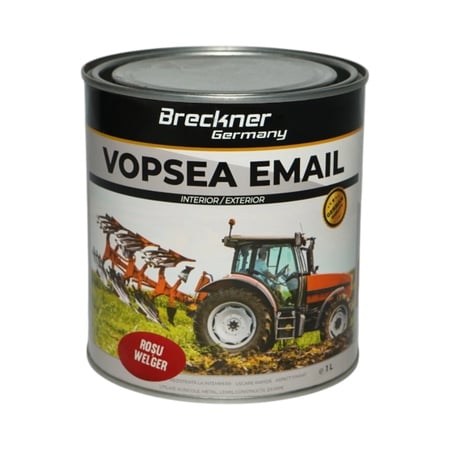 Vopsea email rosu tip Welger anticoroziva 3 in 1 pe baza de solvent, direct pe rugina, interior si exterior, 1K 1L Breckner Germany