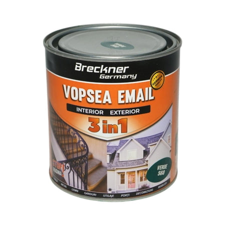 Vopsea email verde 560 anticoroziva 3 in 1 pe baza de solvent, direct pe rugina, interior si exterior, 1L Breckner Germany