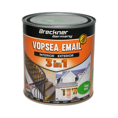 Vopsea email verde 6018 anticoroziva 3 in 1 pe baza de solvent, direct pe rugina, interior si exterior, 1L Breckner Germany