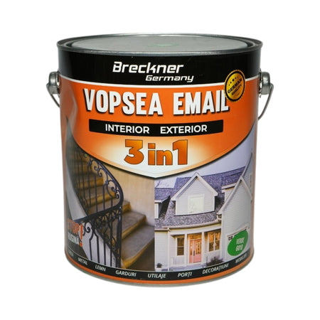 Vopsea email verde 6018 anticoroziva 3 in 1 pe baza de solvent, direct pe rugina, interior si exterior, 3.5L Breckner Germany