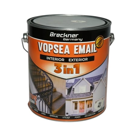 Vopsea emailalb mat anticoroziva 3 in 1 pe baza de solvent, direct pe rugina, interior si exterior, 3.5L Breckner Germany